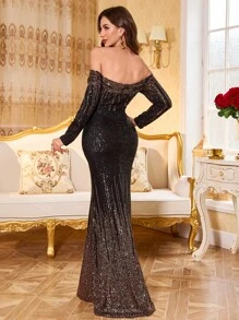 UNITHORSE 女士露肩亮片修身连衣裙，适合宴会、舞会、派对、婚礼宾客礼服、正式礼服、晚礼服、长袍 - 黑色 - 查看 2