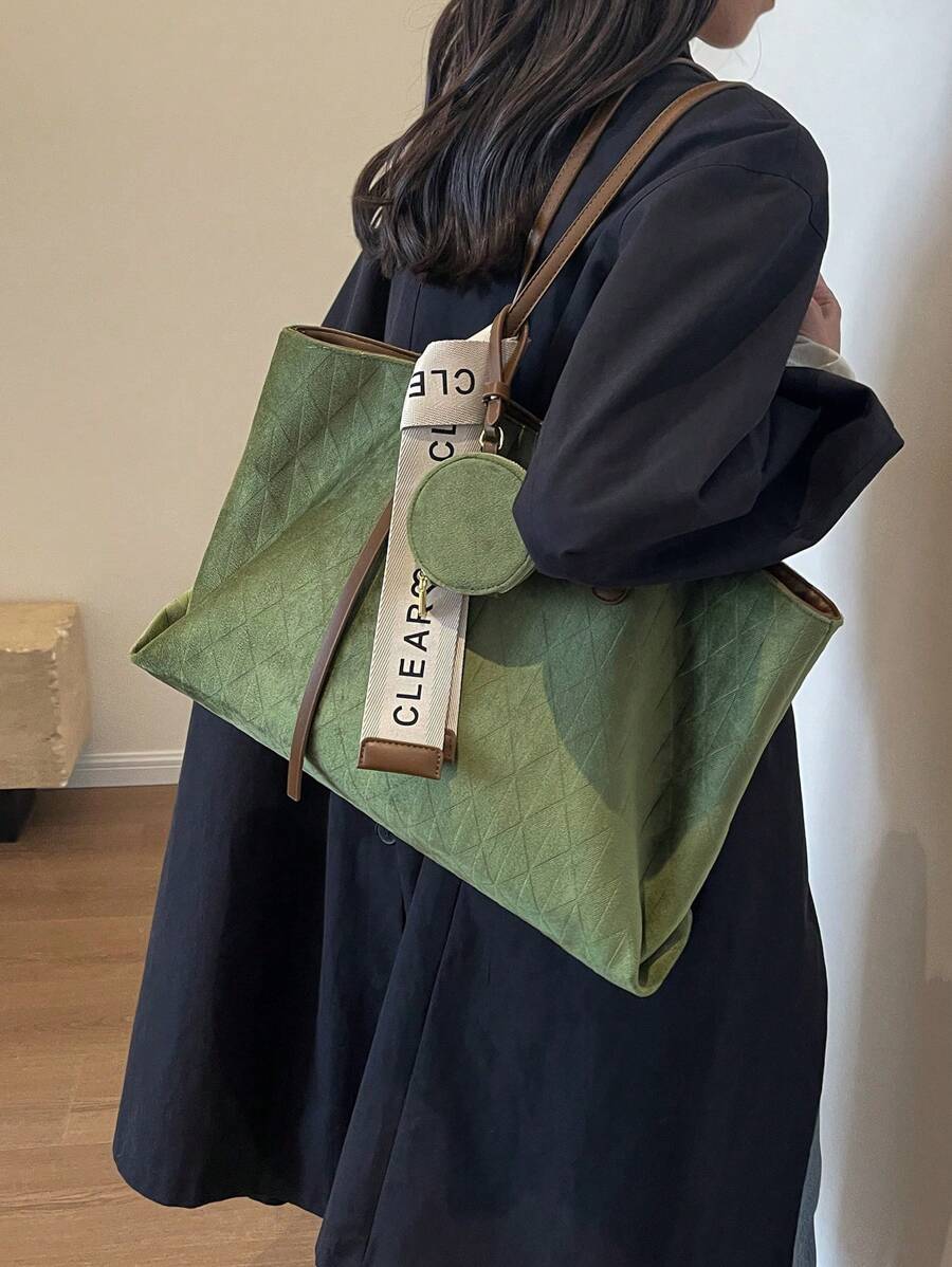 通勤大容量包包女2025新款秋冬复古麂皮单肩包流行百搭手提包 - 綠色 - 查看 1