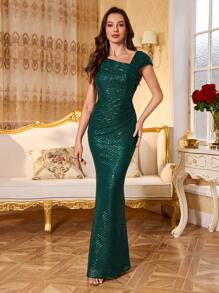 UNITHORSE Đầm dự tiệc ôm sát, cổ bất đối xứng, đính sequin, xếp nếp, thích hợp làm đầm cưới, đầm sinh nhật, đầm tốt nghiệp, đầm dạ hội, đồng phục học sinh. - Màu xanh lá cây đậm - Xem 7