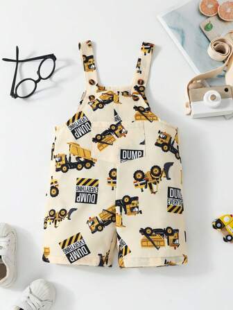 1 件装男婴休闲可爱卡通汽车印花连体衣带背带短裤，婴儿学步，夏季