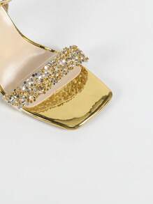 Wide Fit Fashion Women's High Heel Sandals, Jelly Gel Embellished Strap Sandals, Metal PU Leather Wraparound Backstrap Sandals, Classic Square Toe Sandals, Transparent Crystal Block Heel Sandals, Square Heel High Heel Sandals, Summer Outdoor & Regular Sandals, Metallic Gold Ladies Sandals