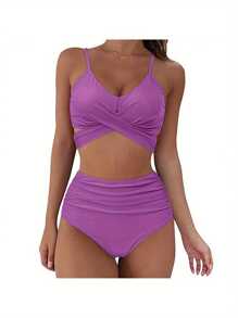 Female Two-Piece Bathing Suit, Solid Color Spaghetti Strap Bikini Tops+ Leopard Print Bikini Panties, S/M/L/XL/XXL - 紫色 - 查看 1