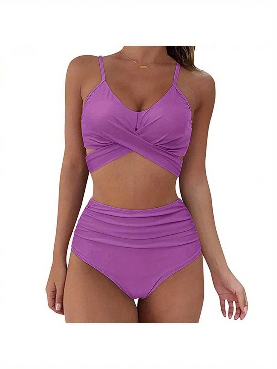 Female Two-Piece Bathing Suit, Solid Color Spaghetti Strap Bikini Tops+ Leopard Print Bikini Panties, S/M/L/XL/XXL - 紫色 - 查看 1