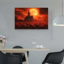 Pumpkin Patch Canvas Wall Art, Halloween Theme, Mysterious Moonlit Church Scene, Suitable For Home, Bedroom, And Living Room Decor
