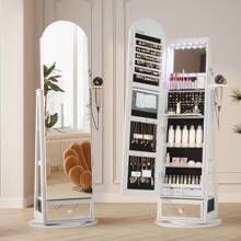 LVSOMT LED Arched Jewelry Cabinet With Mirror, 360° Rotating Standing Mirror With Jewelry Cabinets, Lockable Jewelry Mirror Cabinet With Lighting, Standing Wooden Jewelry Cabinet With 3-Tier Shelf - trắng - Xem 2