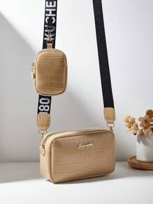 极简主义女士时尚人造皮革休闲多功能 V 型印花鳄鱼纹母女手提包、通勤运动迷你方包、相机包、波浪花包、户外旅行工作轻便可折叠单肩包、零钱包、化妆包、钱包、情人节个性化礼物 - 卡其色 - 查看 1