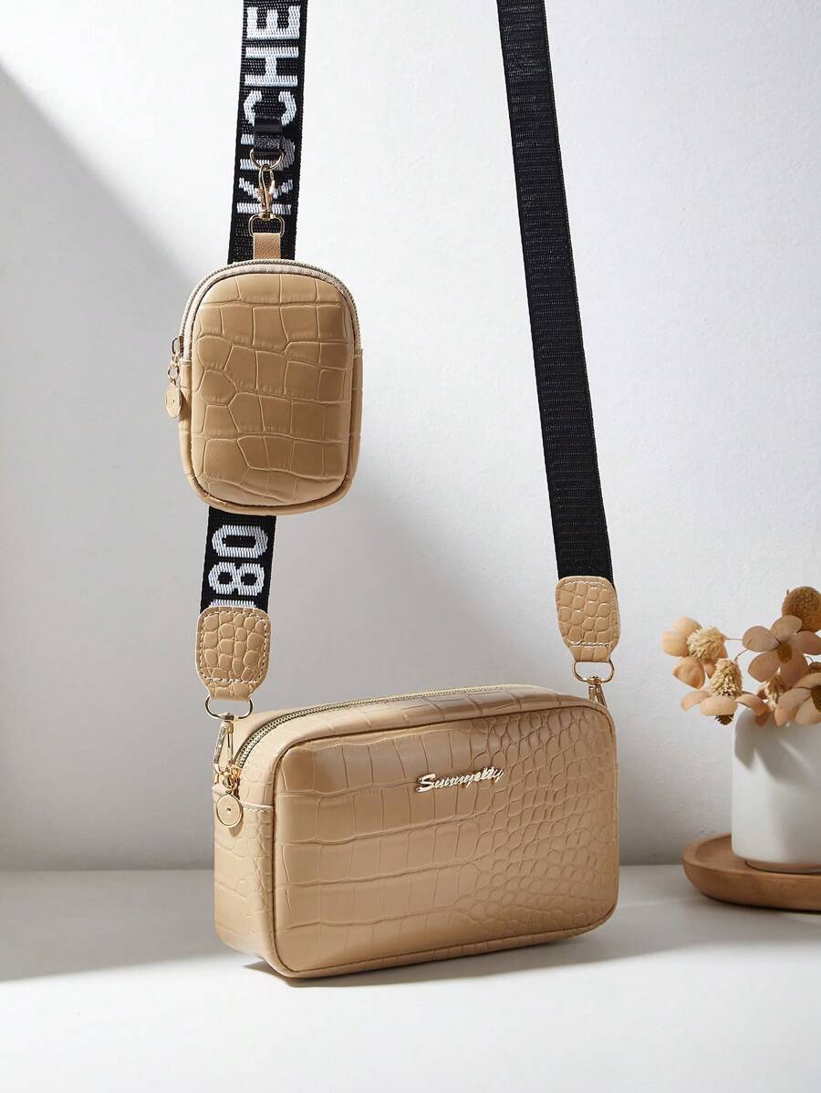 极简主义女士时尚人造皮革休闲多功能 V 型印花鳄鱼纹母女手提包、通勤运动迷你方包、相机包、波浪花包、户外旅行工作轻便可折叠单肩包、零钱包、化妆包、钱包、情人节个性化礼物 - 卡其色 - 查看 1
