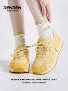 RENBEN 1 Pair People's Thick Sole Women's Sports Style Mesh Sneakers, Front Lace Up Yellow Mesh Platform Low-Top Casual Outdoor Athletic Shoes, Suitable For Dresses & Pants, 2025 Popular Women's Shoes - Yellow - View 9