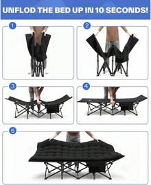 Cama de camping: Camas plegables de camping para adultos de doble capa 1200D Oxford - Camas plegables resistentes para camping, viajes, tiendas de campaña, días al aire libre y huéspedes en el hogar, con colchón, bolsa de transporte y 2 bolsillos - Negro - Ver 5