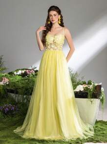 Faeriesty Elegant Tie Back Floral Applique Bodice Mesh Prom Dress, Evening Dress, Party Dress, Wedding Guest Dress, Formal Dress - Yellow - View 6