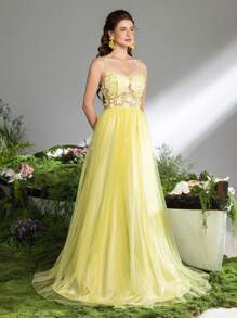 Faeriesty Elegant Tie Back Floral Applique Bodice Mesh Prom Dress, Evening Dress, Party Dress, Wedding Guest Dress, Formal Dress - Yellow - View 2