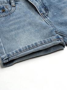 Young Boy Distressed Washed Light Blue Embroidered Adjustable Elastic Waist Spray Paint Cat Whiskers Denim Shorts - Light Wash - View 8