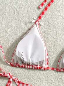 New Sexy Red & White Plaid Print Bowknot Bikini 2 Pieces Set, For Summer Beach Vacation