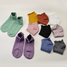 5/10 Pairs Of Women's Solid Color Wooden Ear Hem Socks, Candy Color Loose Hem Socks For Women.