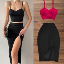 Conjunto falda y top tirantes corte ajustado abertura femenina moderno - Rosa Fucsia - Ver 1