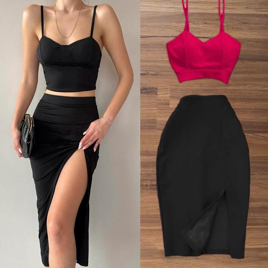 Conjunto falda y top tirantes corte ajustado abertura femenina moderno - Rosa Fucsia - Ver 1