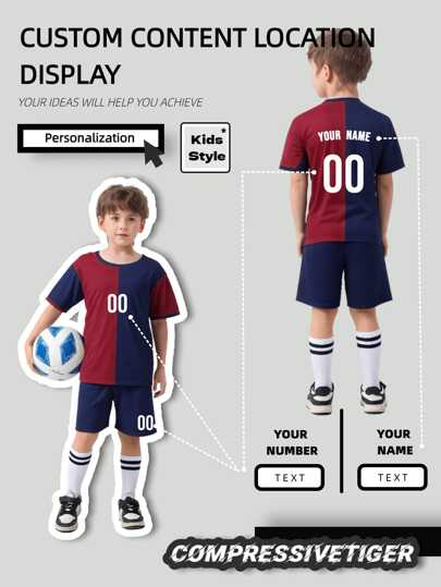 2 piezas Conjunto deportivo de camiseta de manga corta y pantalones cortos personalizados con nombre y número impresos, diseño a rayas, para niño - Conjunto de fútbol del Barcelona, de secado rápido y absorción de sudor, como regalo