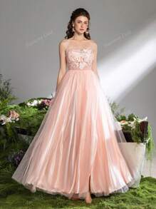Faeriesty Elegante bloemenapplicatie met strik op de rug, split op de dij, mesh cami-jurk, formele feestjurk, trouwjurk, bruiloftsgastjurk, avondjurk