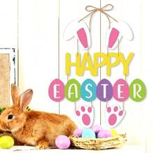 1pc Rustic Easter Door Hanging Decorations - Bunny Ears And Paw Prints, No Power Required, Festive Bunny Themed Party Decorations For The Easter Holidays - Multicolor - View 3