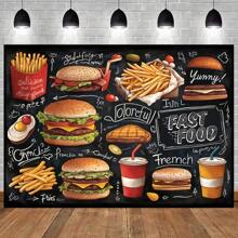 1 件手绘黑板壁画汉堡设计，适用于厨房和餐厅装饰，非常适合生日派对摄影背景、脚装饰派对照片道具