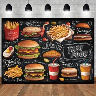 1 pièce Murale de tableau noir peinte à la main avec design de hamburger, convient pour la décoration de la cuisine et de la salle à manger, parfait comme toile de fond de photographie pour fête d'anniversaire, décoration de sol pour fête, accessoire photo