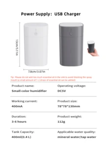 1pc Colorful 400ml Cool Mist Humidifier - Essential Oil Diffuser For Room, Office, Desktop, Home, Car - Air Fresheners And Back To School Supplies - White - View 3