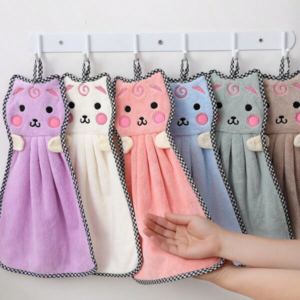 1 stuk hangende handdoek, ontwerp met grote kattenkop en ophangkoord, koraalfleece, absorberend, zacht, huidvriendelijk, verhaart niet, geschikt voor keuken, badkamer, huishoudelijke noodzaak, meerdere kleuren beschikbaar