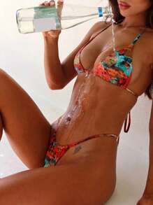 Women's Two Piece Swimwear Bikini Sets Sleeveless Halter Neck Floral Triangle Swimsuit Low Waist Thong Beachwear - 鏽棕色 - 查看 4