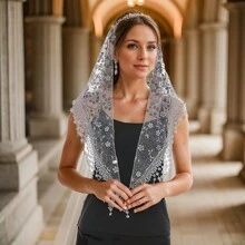 1 件女士春秋碎花蕾丝三角头巾，镂空纯色新娘面纱