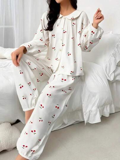 2pcs/Set Women Ladies Long Sleeve Top And Long Pants Two-Piece Pajama Set, Cute Peter Pan Collar Cherry Print Cartoon Pattern, Comfortable And Fashionable For Spring/Autumn Wear, New Arrival,Two Pieces Set, Fall Clothes