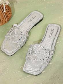 Dames Zomer Nieuwe Platte Pantoffels, Bandjes Strass Sandalen, Modieuze Veelzijdige Slides