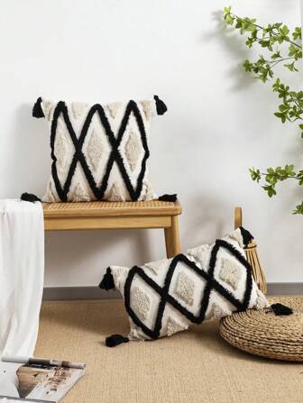1pc/2pcs Rhombus Geometric Pattern Cushion Cover, Canvas Material With Tufting And Tassel, Nordic Bohemian Style For Bedroom, Living Room, Sofa, Headboard, Soft Throw Pillow Covers, Versatile For All Seasons, 30*50cm 45*45cm