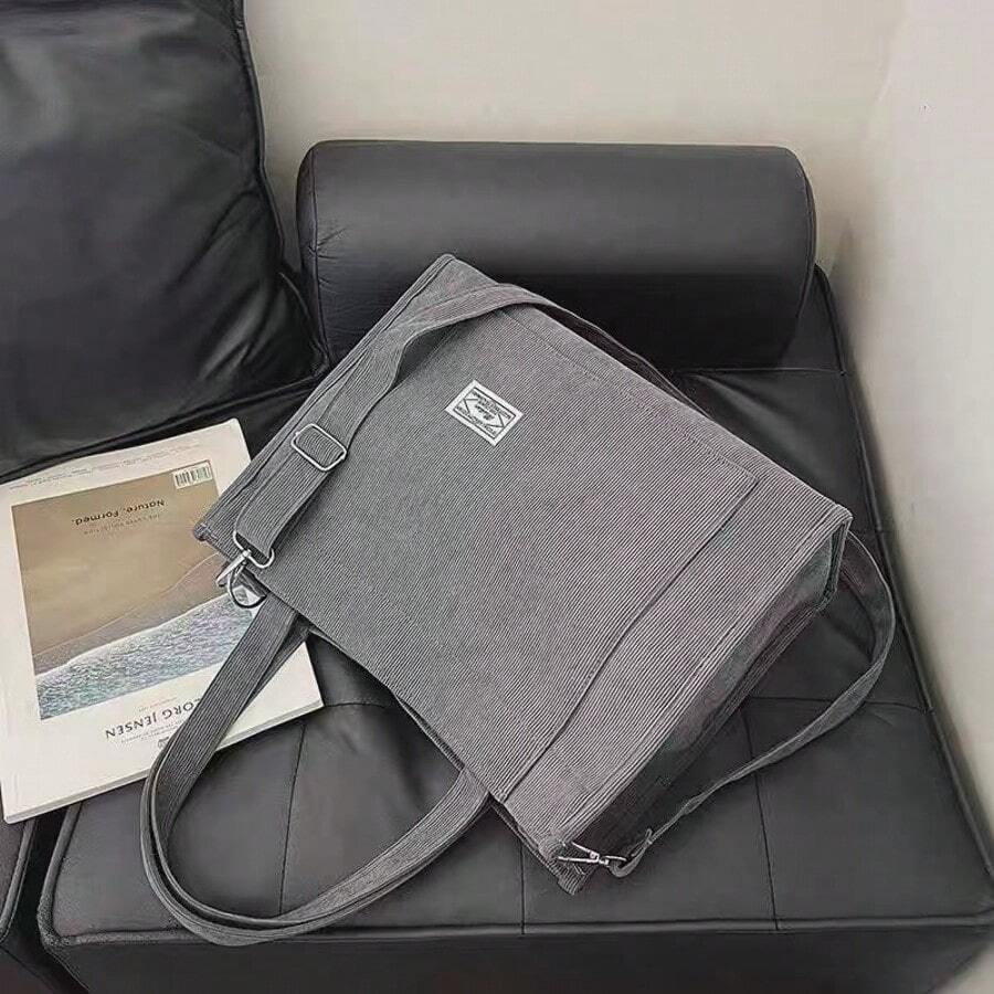 Women's Large Corduroy Zipper Shoulder Bag - 深灰色 - 查看 1