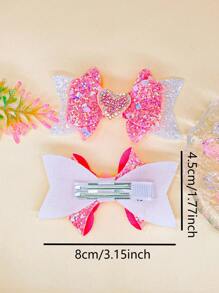 2pcs Pink Lotus Flower Bow & Rhinestone Heart Hair Clips, Shiny Accessories For Girls, Everyday, Valentine's, Party - Pink - View 4