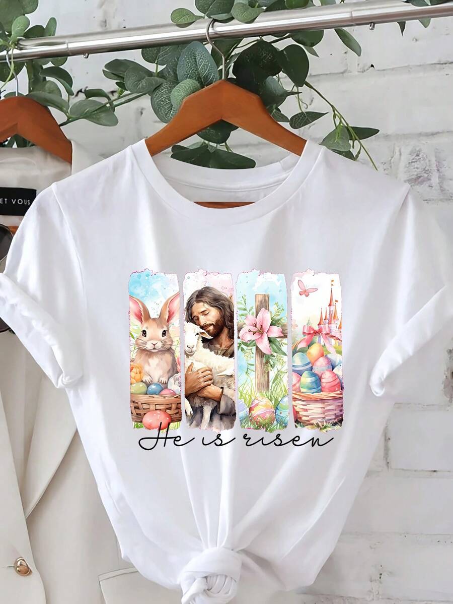 Easter Bunny Cartoon Letter Graphic Print T Shirt, Short Sleeve Crew Neck Casual Top For Summer & Spring, Women's T-Shirt - White - View 1