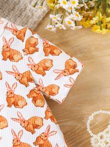 Baby Girls Rabbit Print Short Sleeve Dress, Cute Everyday Outfit For Outdoor And Easter
