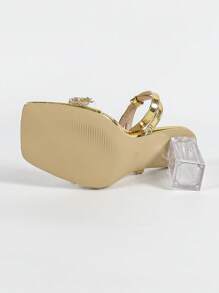 Wide Fit Fashion Women's High Heel Sandals, Jelly Gel Embellished Strap Sandals, Metal PU Leather Wraparound Backstrap Sandals, Classic Square Toe Sandals, Transparent Crystal Block Heel Sandals, Square Heel High Heel Sandals, Summer Outdoor & Regular Sandals, Metallic Gold Ladies Sandals