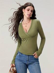 Women's Spring Slim Fit Tops Solid Color Long Sleeve Wrap V-Neck T-Shirt Streetwear - màu xanh lá - Xem 2