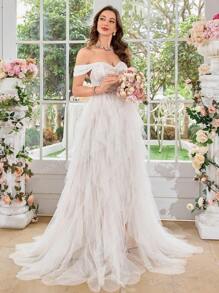 UNITHORSE UNITHORSE Women's Off Shoulder Lace Applied & Mesh Patchwork Asymmetrical Hemline White Wedding Party Bridesmaid Dress, All White Party Outfit Women