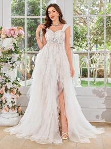 UNITHORSE UNITHORSE Women's Off Shoulder Lace Applied & Mesh Patchwork Asymmetrical Hemline White Wedding Party Bridesmaid Dress, All White Party Outfit Women