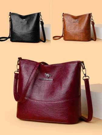 1pc Solid Color PU Leather Large Capacity Lightweight Crossbody Bag, Kangaroo Hardware Decor, Suitable For Women Everyday Wear, Versatile