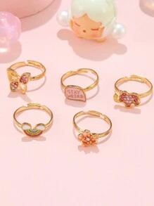 5 件套女孩可爱蝴蝶和彩虹设计戒指套装，适合日常、派对、儿童礼物 - 金色 - 查看 4