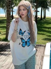女式超大 T 恤 蓝色蝴蝶印花圆领上衣 街头服饰 休闲衬衫 - 白色 - 查看 1
