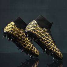 1 Pair Kids High-Top Football Cleats For Boys, Black Color, Suitable For Lawn Games & Training