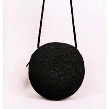 Women's Round Straw Bag Crossbody Beach Fashion Summer Holiday Minimalist Adjustable Crossbody Shoulder Strap Handmade Medium Zipper - 黑色 - 查看 3