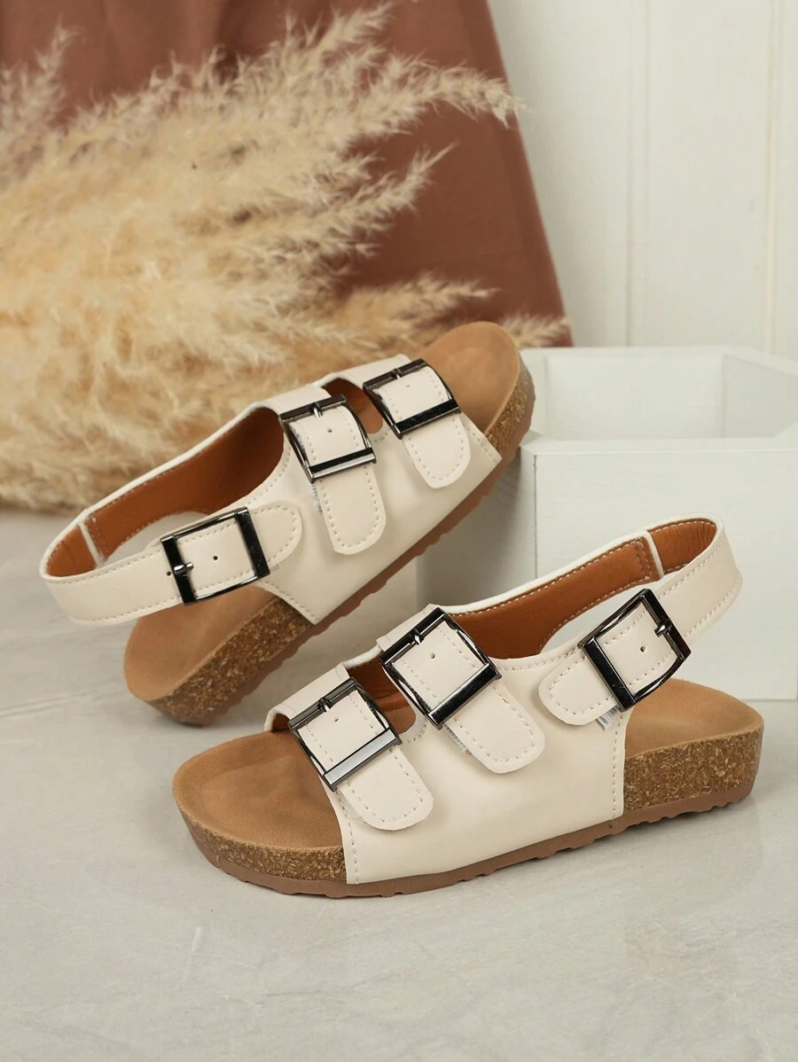Sandalias para exteriores para niños y niñas, nuevo diseño de doble hebilla y correa, versión coreana retro de sandalias de playa con puntera abierta, calzado de moda y versátil para niños - Beis - Ver 1