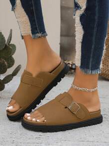 Women's Casual Thick-Sole Slide Sandals - Resort Style, Round Toe Design, Fabric Upper, PU Sole, Comfortable Insole, Summer - Khaki - View 3