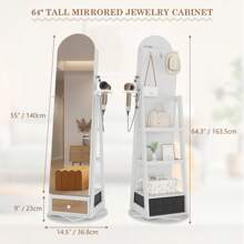 LVSOMT LED Arched Jewelry Cabinet With Mirror, 360° Rotating Standing Mirror With Jewelry Cabinets, Lockable Jewelry Mirror Cabinet With Lighting, Standing Wooden Jewelry Cabinet With 3-Tier Shelf - trắng - Xem 3