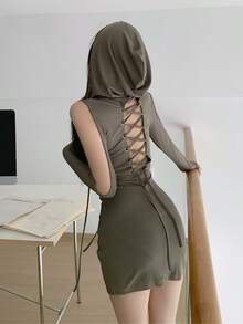 Vestido De Mujer Con Cuello en V Y Manga Larga,Vestido corto camiseta unicolor con espalda descubierta de sexy con cordones y capucha para mujer,ropa de vacaciones - Verde Oscuro - Ver 2