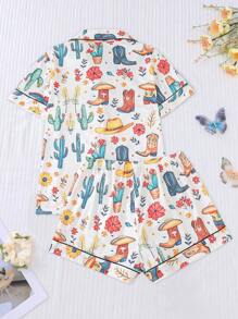 Set de 2 piezas de pijama con estampado de vaquero para mujer, que incluye camisa de manga corta con cuello y botones y pantalones cortos sueltos con elástico, ropa de dormir para fiestas, uso casual en interior o exterior, para todas las estaciones, conjunto de dos piezas